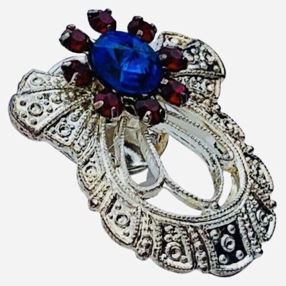 Vintage Jane Blue Red Icy Rhinestone Angel Brooch Pin 1" Silver Tone Filagree - Picture 2 of 12